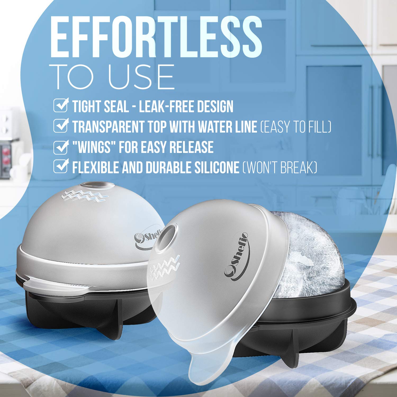 Shefio leak-proof silicone mold creates large ice spheres for cocktails