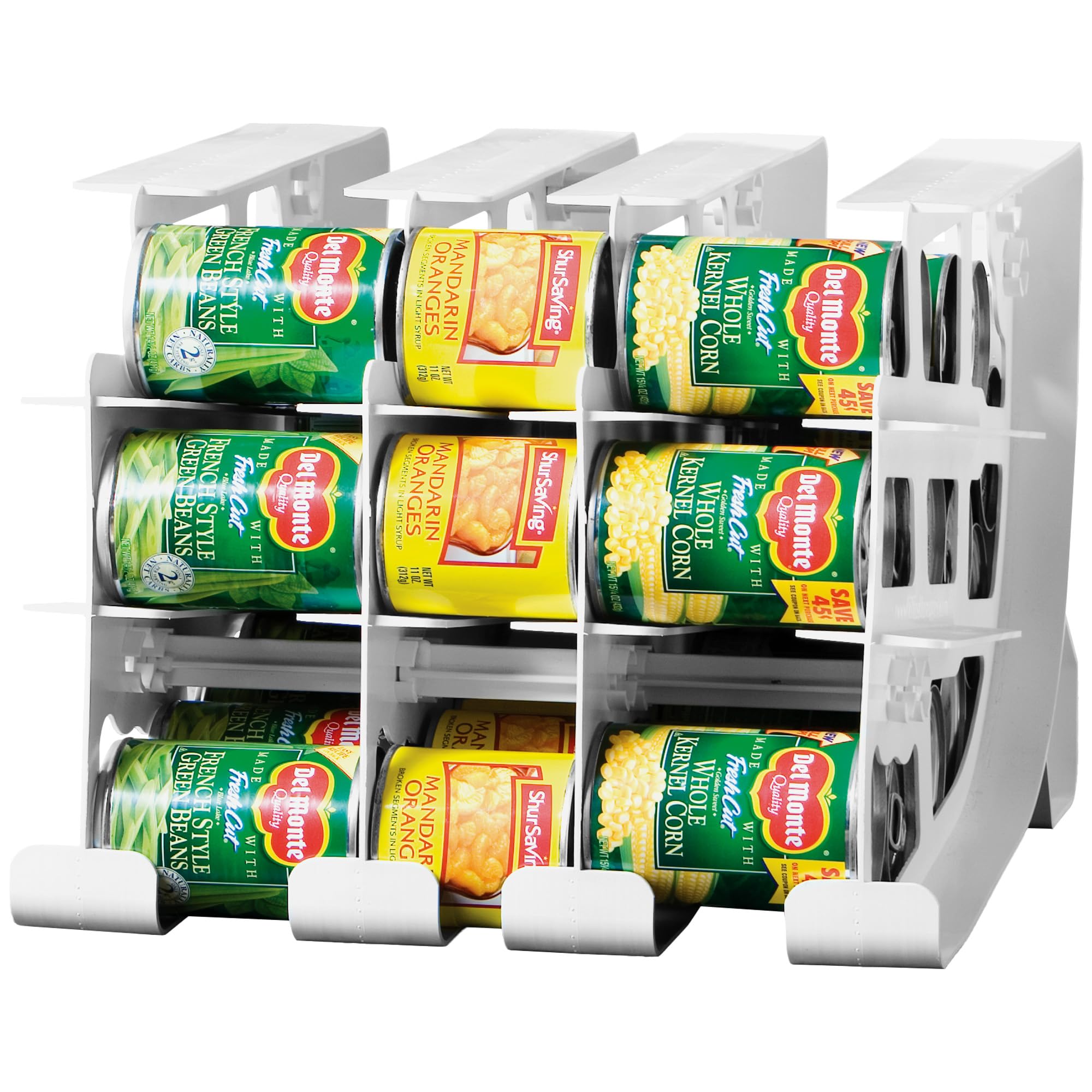 Shelf Reliance FIFO pantry dispenser front view shows 54-can capacity for organized storage.