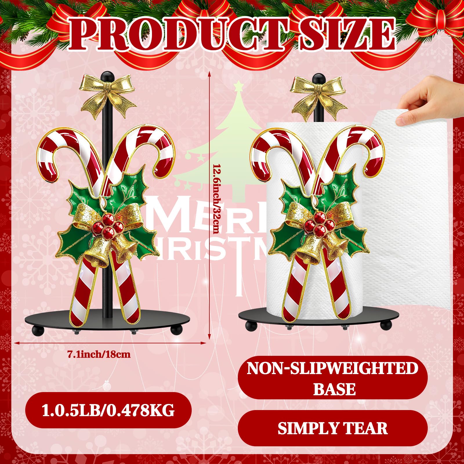 Shellwei Candy Cane Christmas Paper Towel Holder close-up highlights holly bow details.