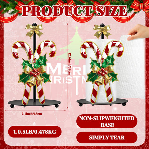 Shellwei Candy Cane Christmas Paper Towel Holder close-up highlights holly bow details.
