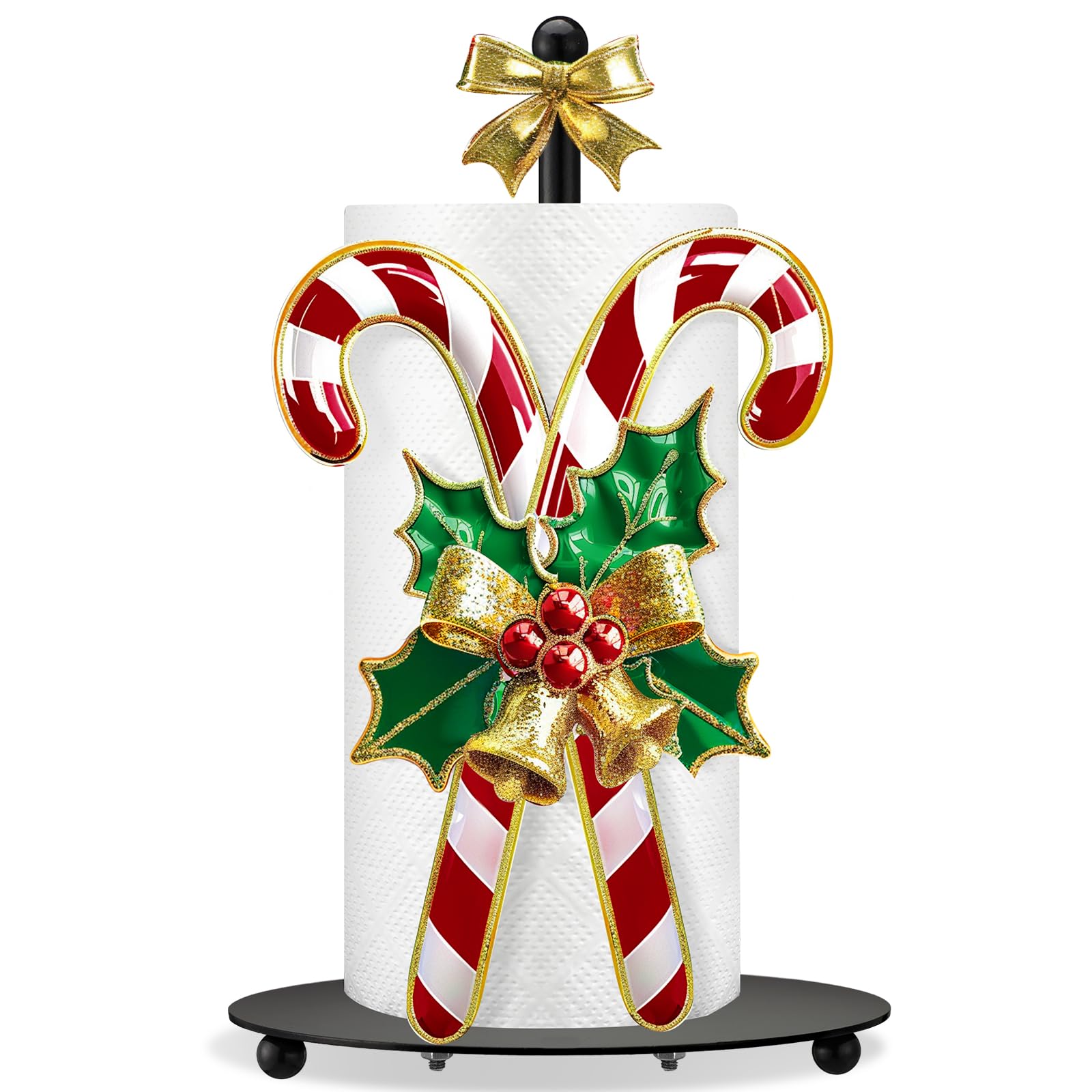 Shellwei Candy Cane Christmas Paper Towel Holder on countertop enhances festive kitchen decor.