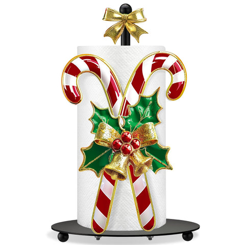 Shellwei Candy Cane Christmas Paper Towel Holder on countertop enhances festive kitchen decor.