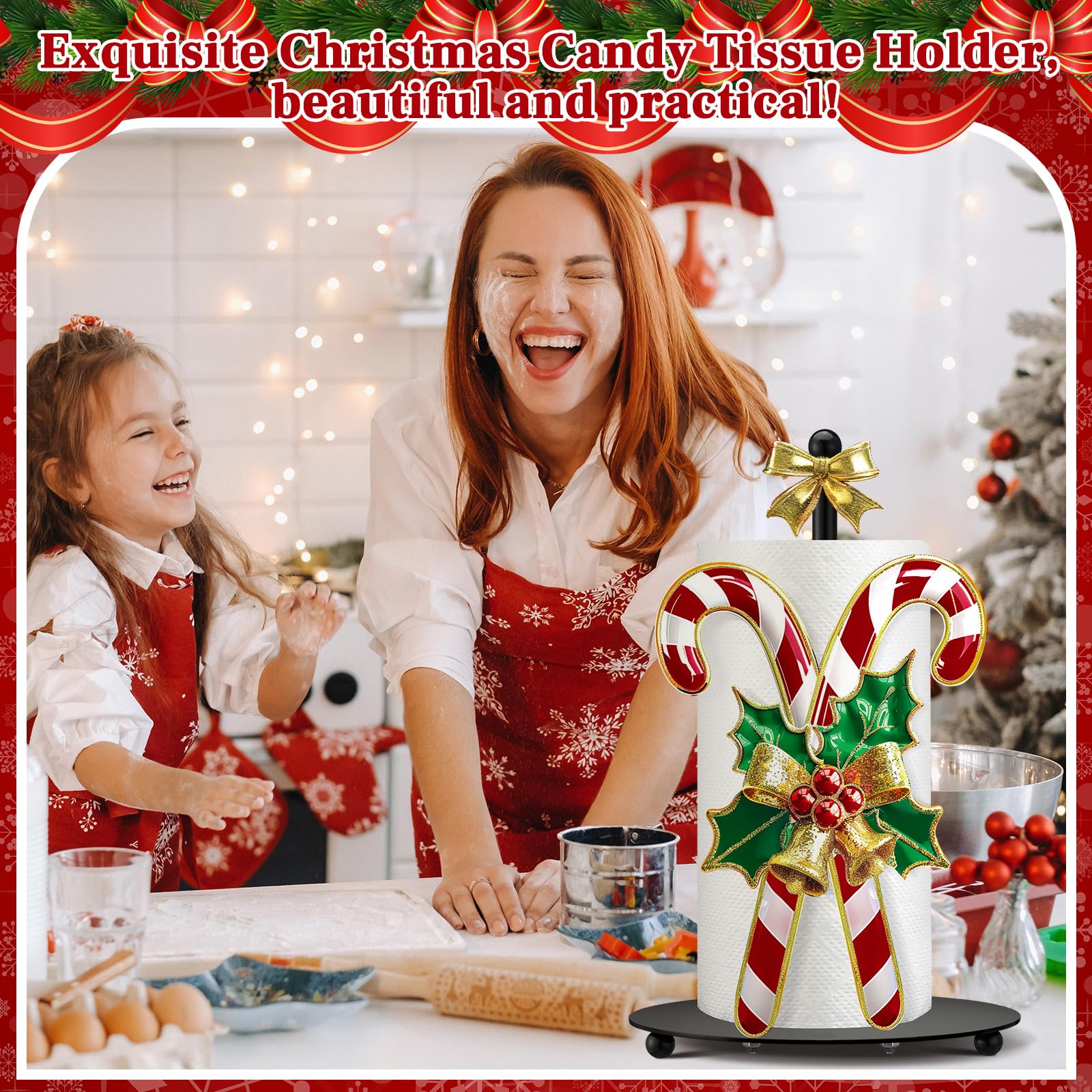 Shellwei Candy Cane Christmas Paper Towel Holder with weighted base stays securely in place.