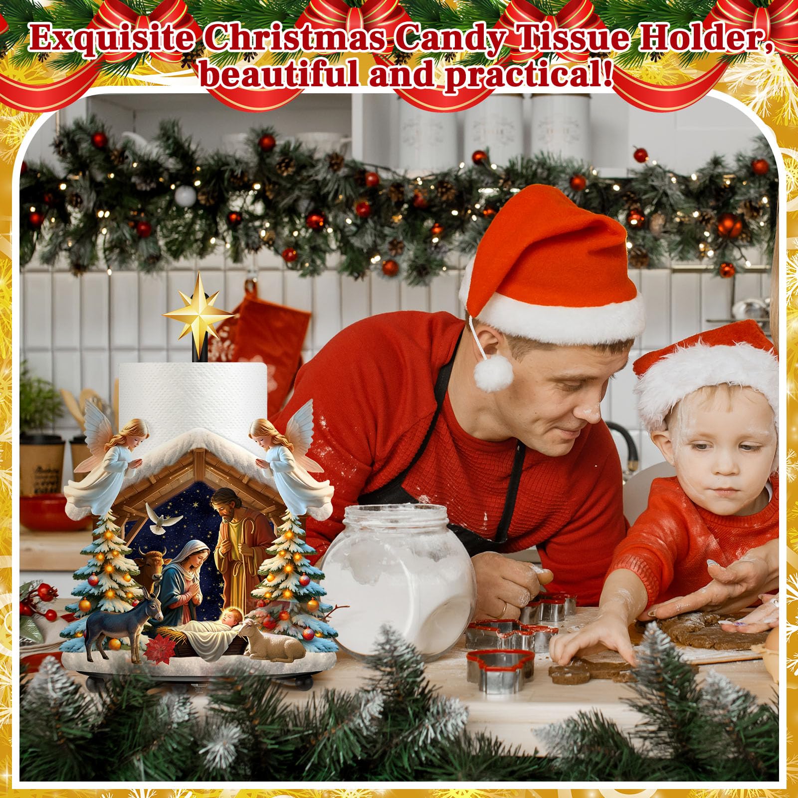 Shellwei rustic metal nativity figure decor doubles as a practical kitchen towel dispenser