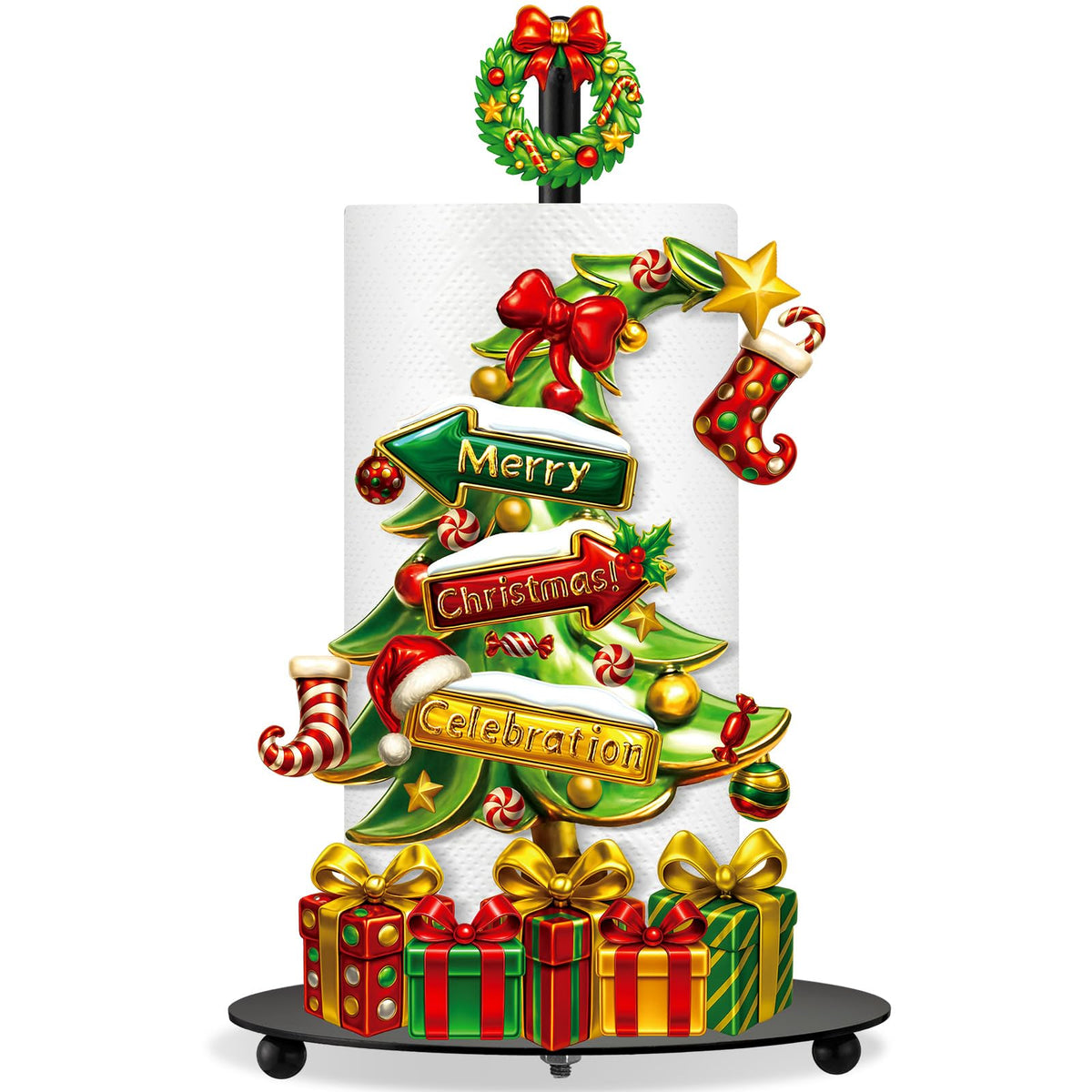 Shellwei lime green Christmas tree paper towel holder with round base stabilizes the countertop.