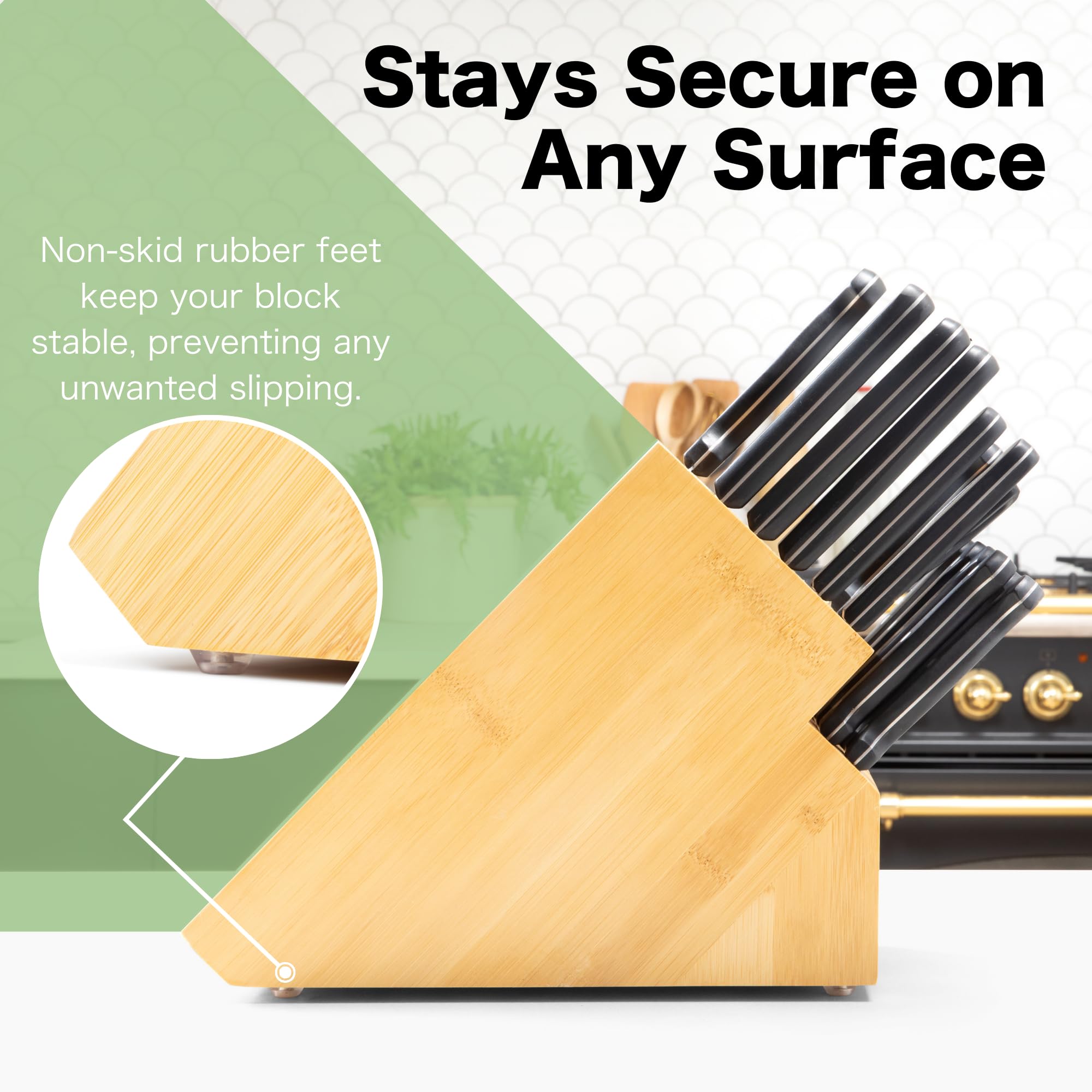 Shenzhen Knives bamboo block side angle shows wide blade openings.