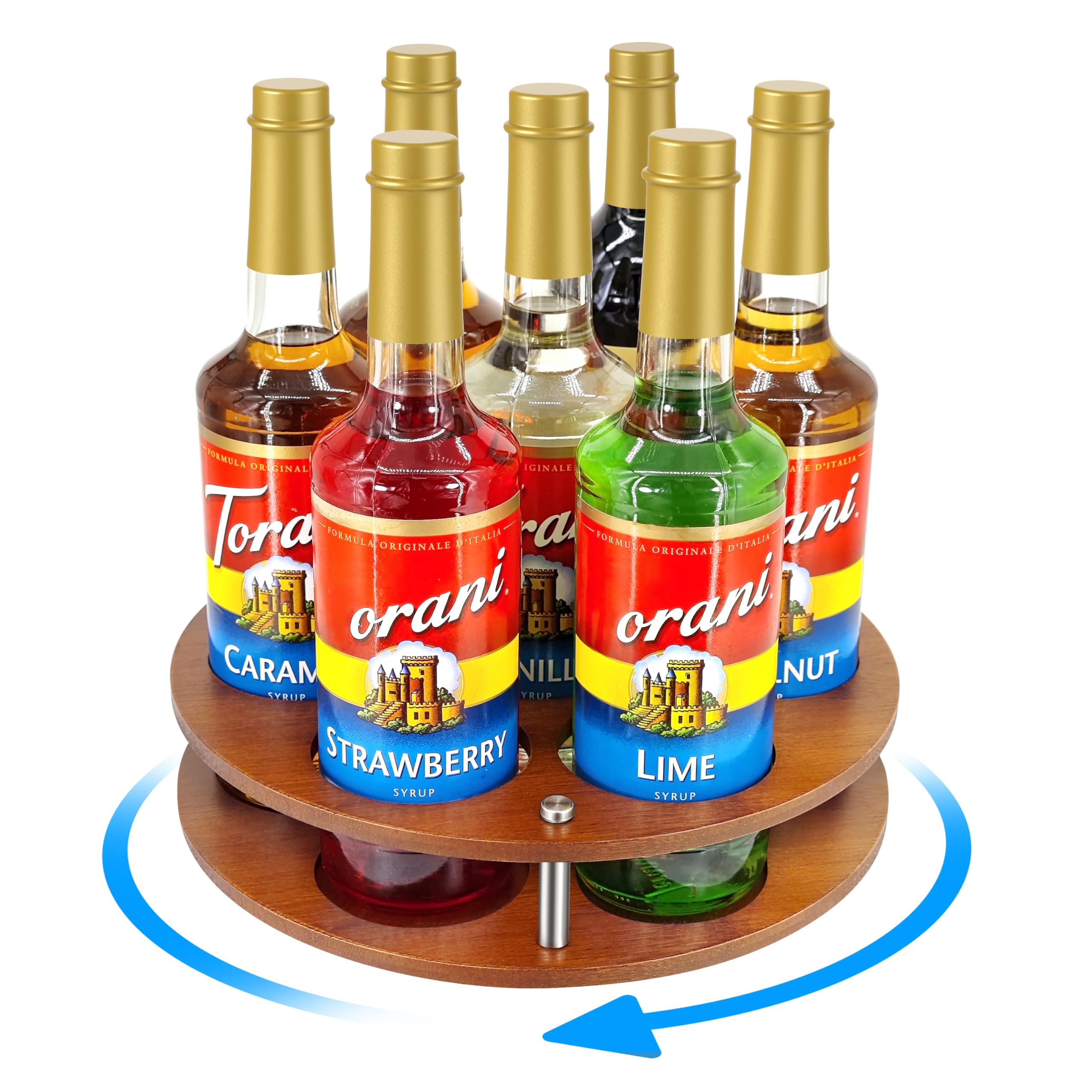 SHILFID rotating coffee syrup rack with seven bottles for quick flavor access.