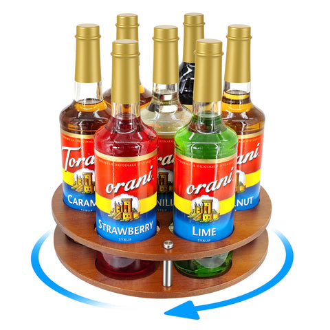 SHILFID rotating coffee syrup rack with seven bottles for quick flavor access.