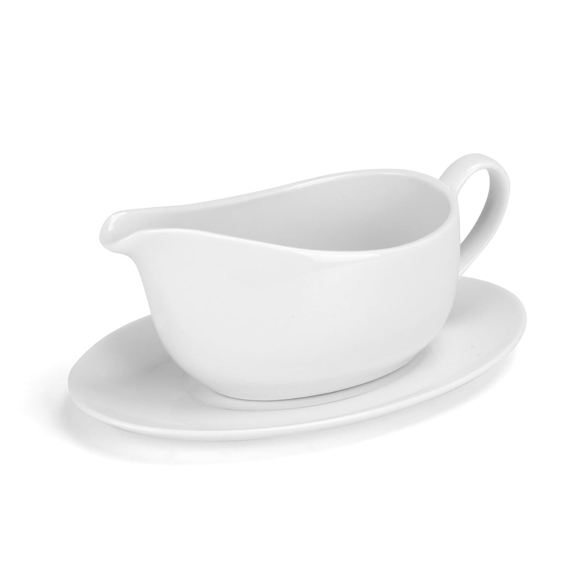 ShineMe gravy boat with saucer showing drip-catching design for clean tables