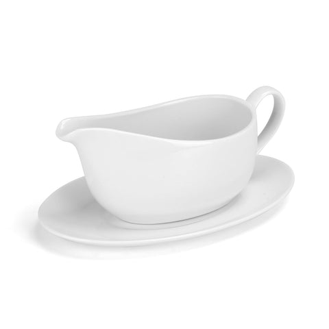 ShineMe gravy boat with saucer showing drip-catching design for clean tables
