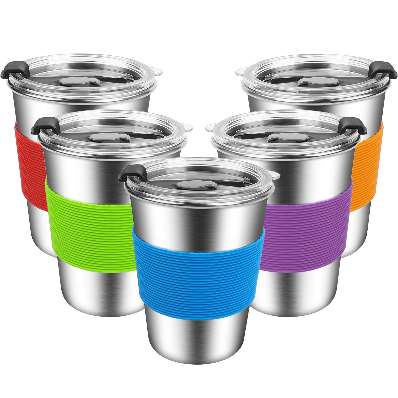 ShineMe 12oz stainless steel kid cup set with lids and sleeves, durable and leak-proof.