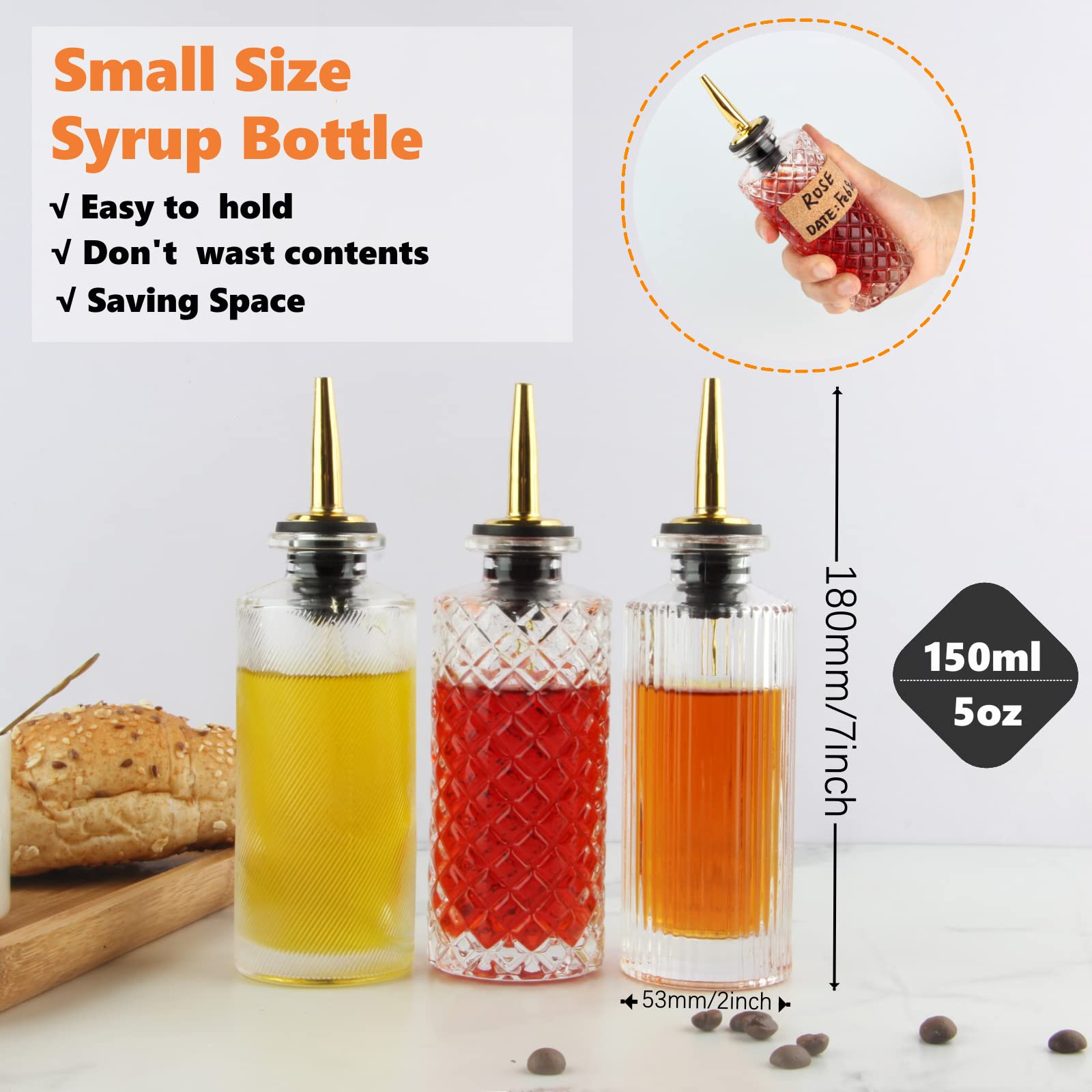 Shining Craft embossed-pattern syrup bottle set helps distinguish liquids quickly