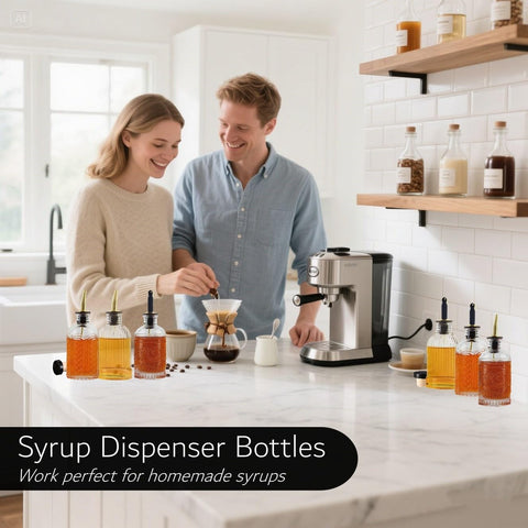 Shining Craft syrup bottles with metal pour spouts close-up for precision pouring.