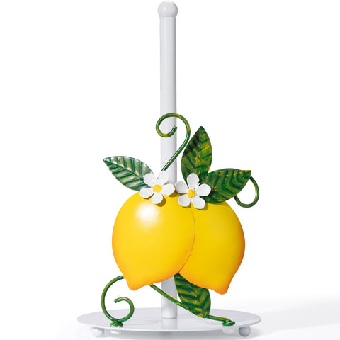 Shinlar lemon paper towel holder front view on counter with vibrant lemons for sunny kitchens