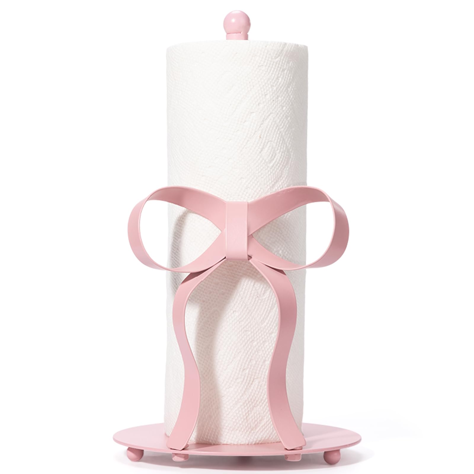 Shinlar pink bow paper towel holder on counter adds chic decor and practicality.