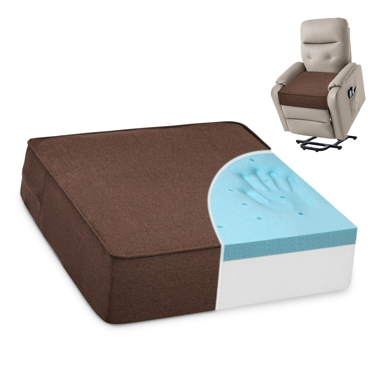 Shinnwa gel memory foam cushion with caramel cover offers soft comfort and durable support