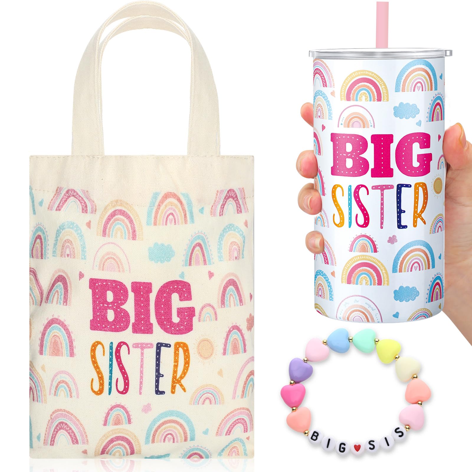 Shinylin big sister canvas tote with rainbow heart design for everyday outings.