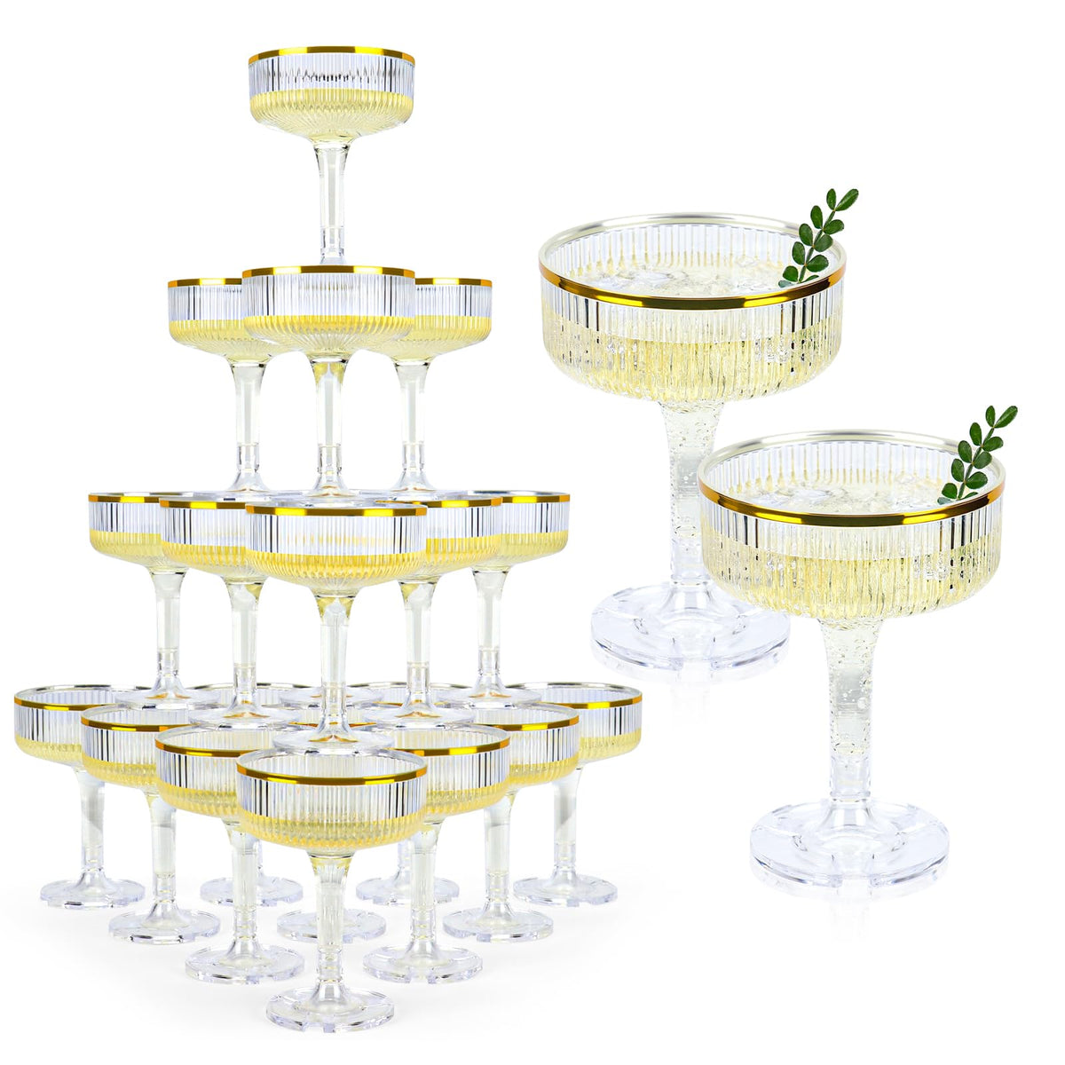 SHIQIKEJIPTY 30-pack clear champagne tower glasses with gold rim for elegant weddings and events.
