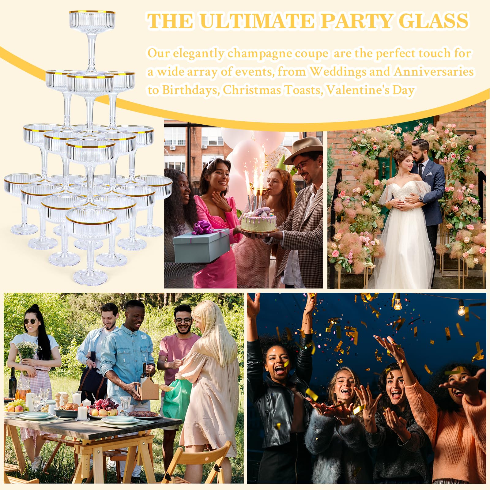 SHIQIKEJIPTY 30-pack clear flutes enhance towers with a classy striped look.