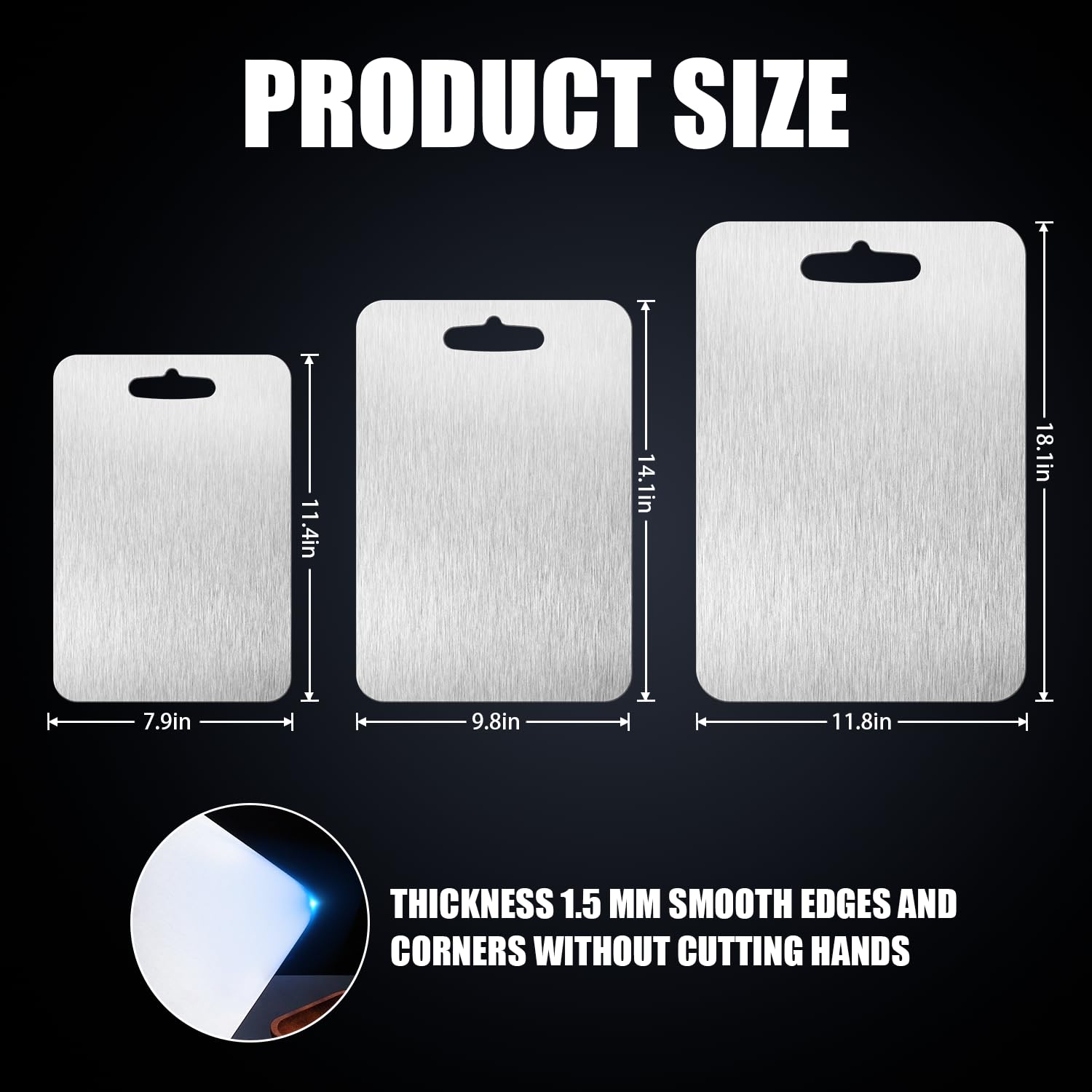 Shiria titanium cutting board features hanging hole for easy storage.