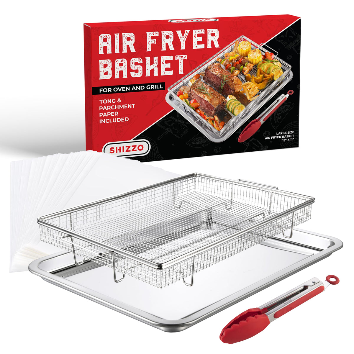 Shizzo air-fryer basket for oven in use, delivering crisp results with less oil.