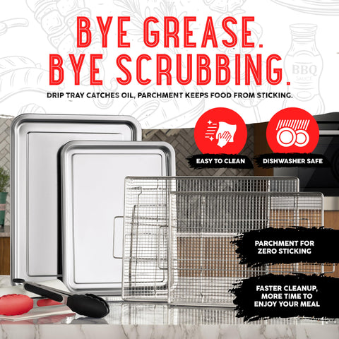 Shizzo multi-purpose basket ideal for baking, grilling, and crisping in one setup.