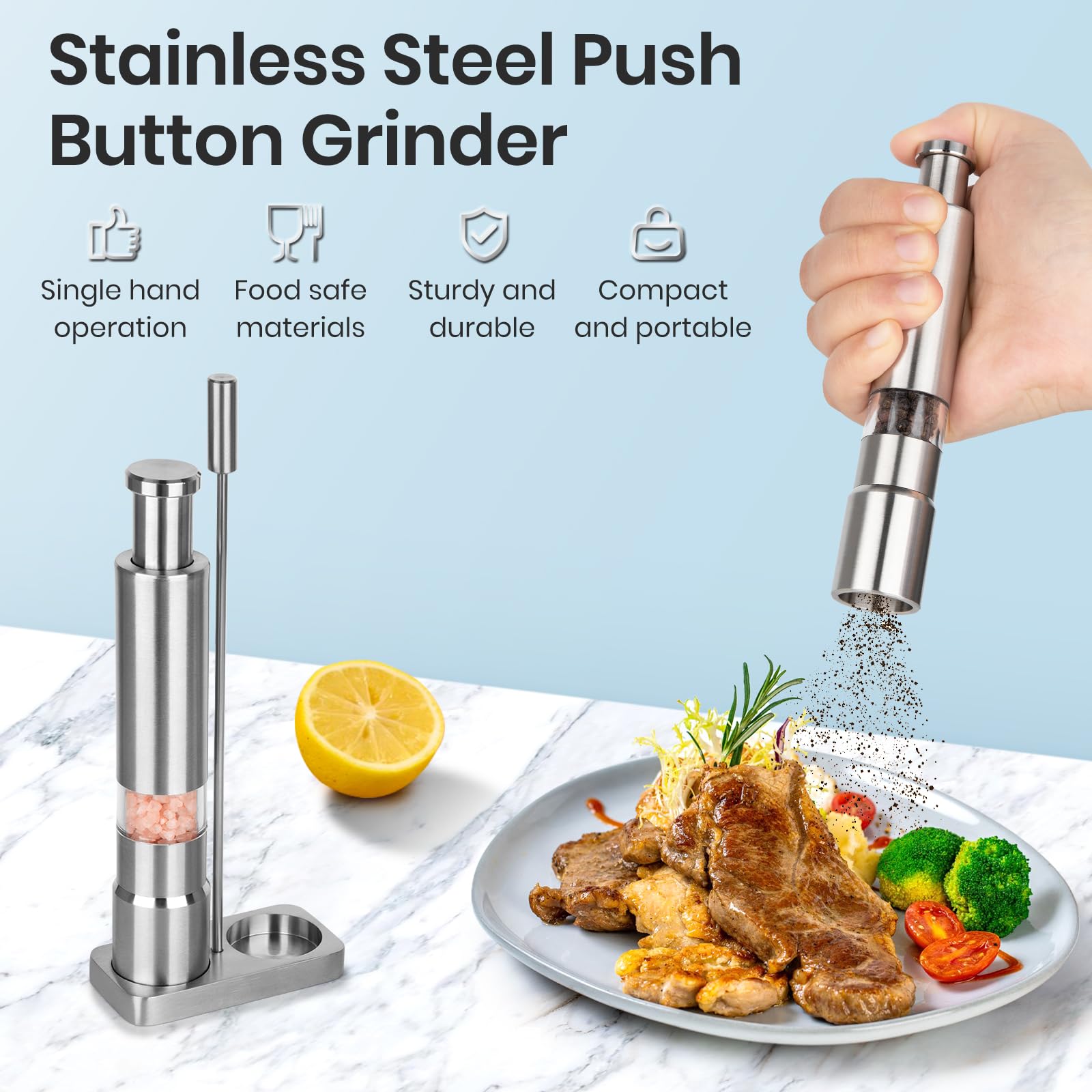 Shker mini salt grinders with thumb press enable one-handed seasoning during cooking.