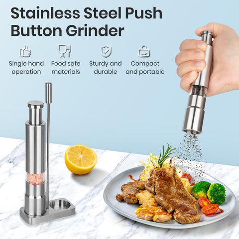 Shker mini salt grinders with thumb press enable one-handed seasoning during cooking.
