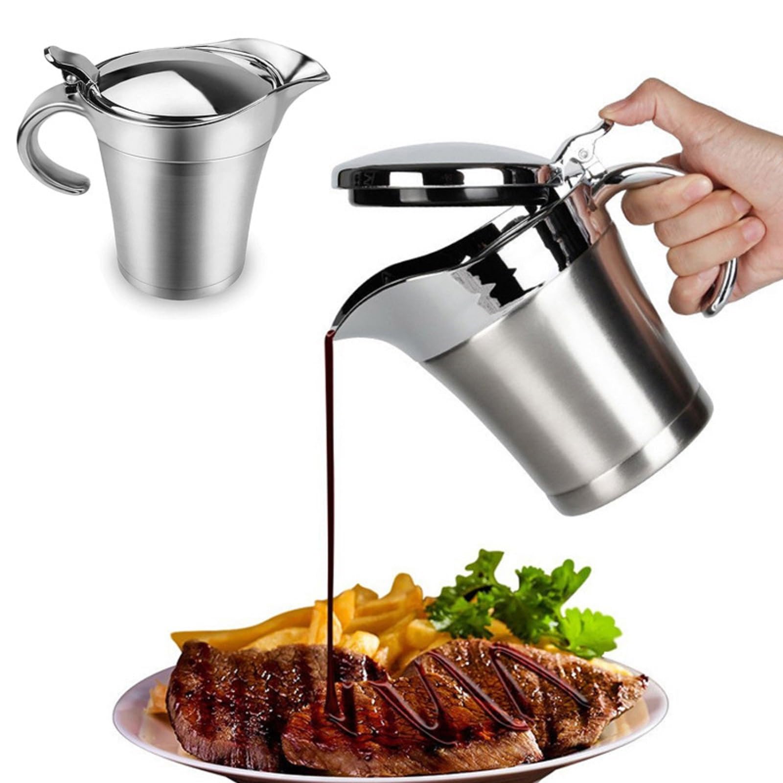 Shofilt stainless steel gravy boat with 17oz capacity keeps sauces warm at the table.