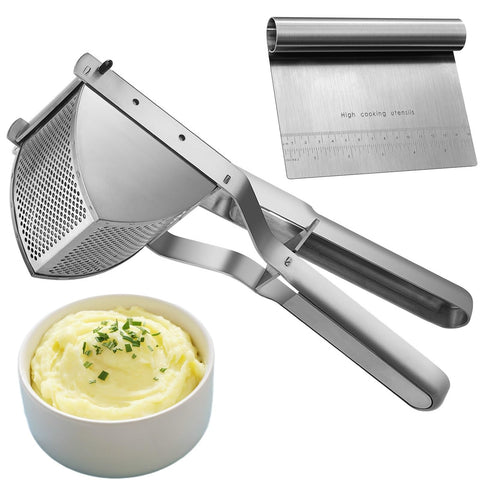 shofilt stainless steel potato ricer with extended handle for smooth, fluffy mash.