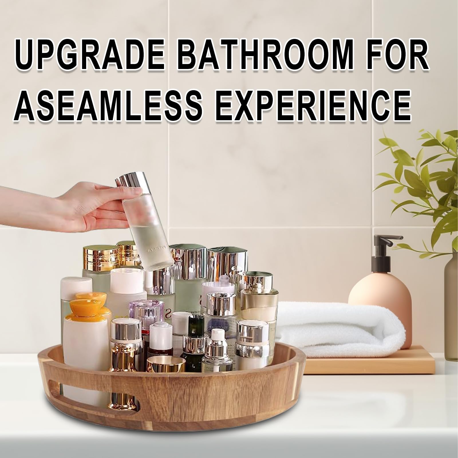 Sholramo Acacia Lazy Susan on cabinet surface saves space and simplifies storage