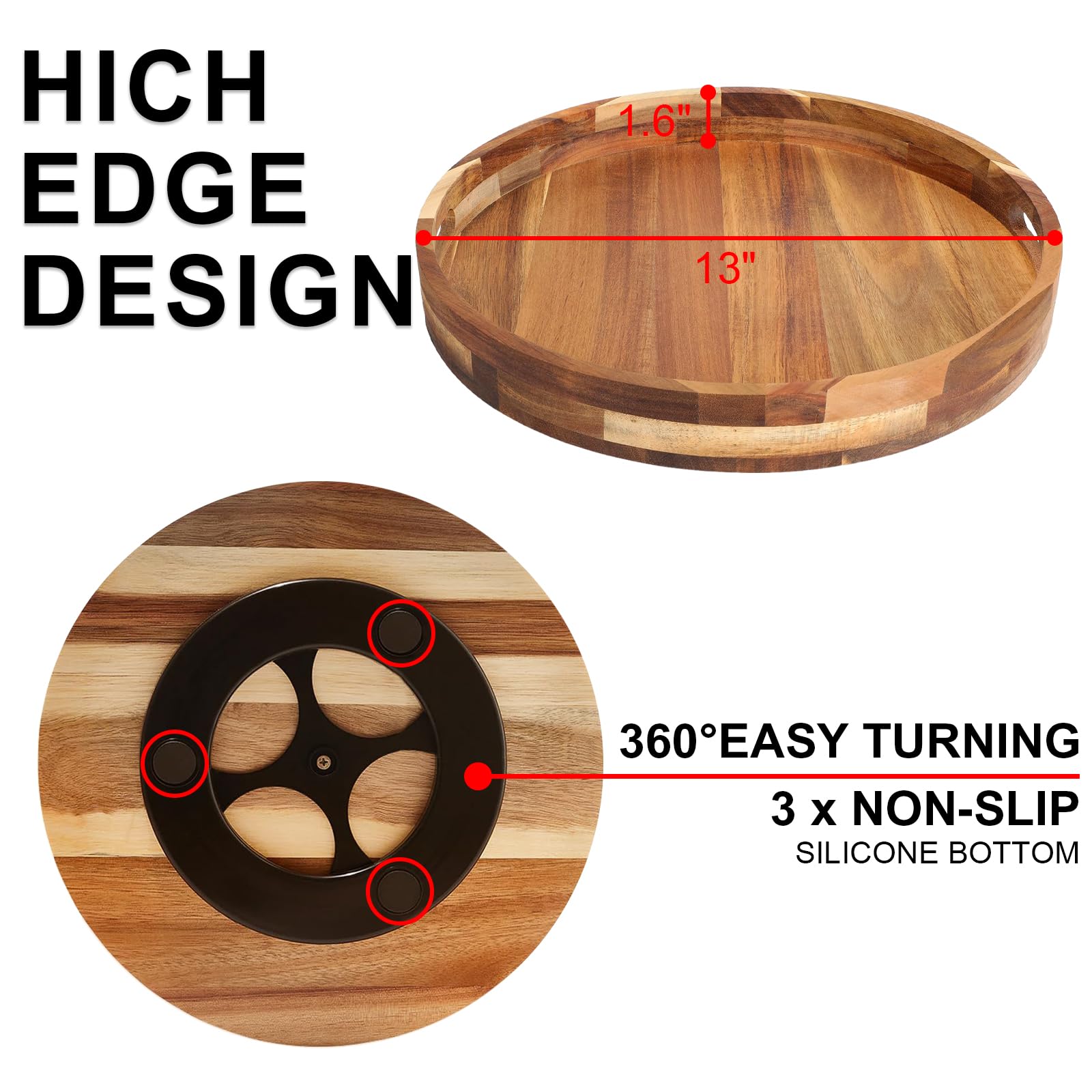 Sholramo Acacia Lazy Susan with double handle for easy grip and smooth rotation