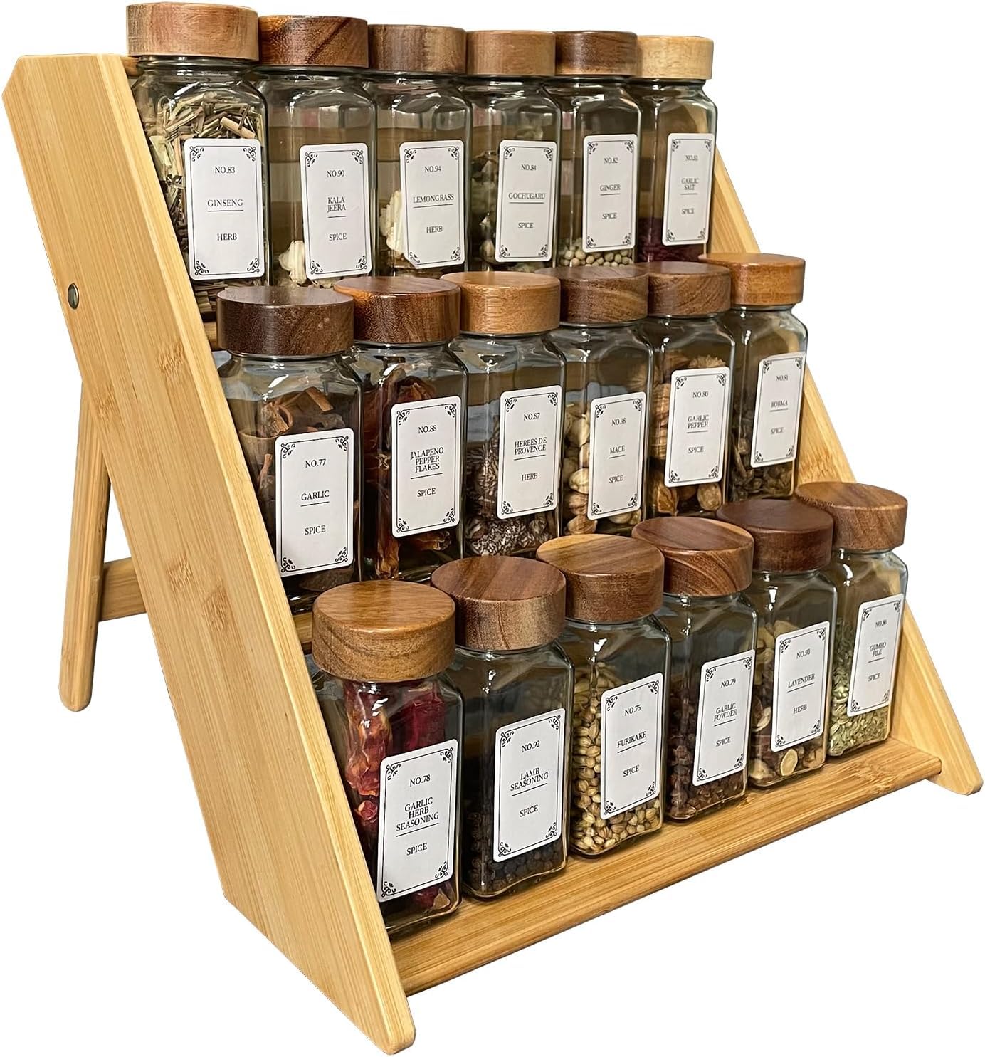Sholramo bamboo spice rack 3-tier foldable on countertop for easy access.