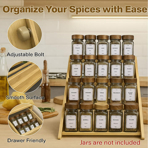 Sholramo bamboo spice rack with angled shelves improves cabinet visibility.