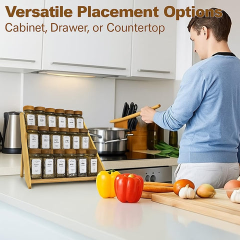 Sholramo bamboo spice rack on the counter enhances kitchen organization and visibility.