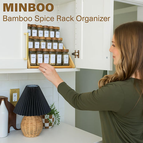 Sholramo spice rack folding hinges enable versatile countertop or drawer setup.