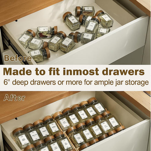 Sholramo spice rack in a drawer keeps spices neatly organized and accessible.