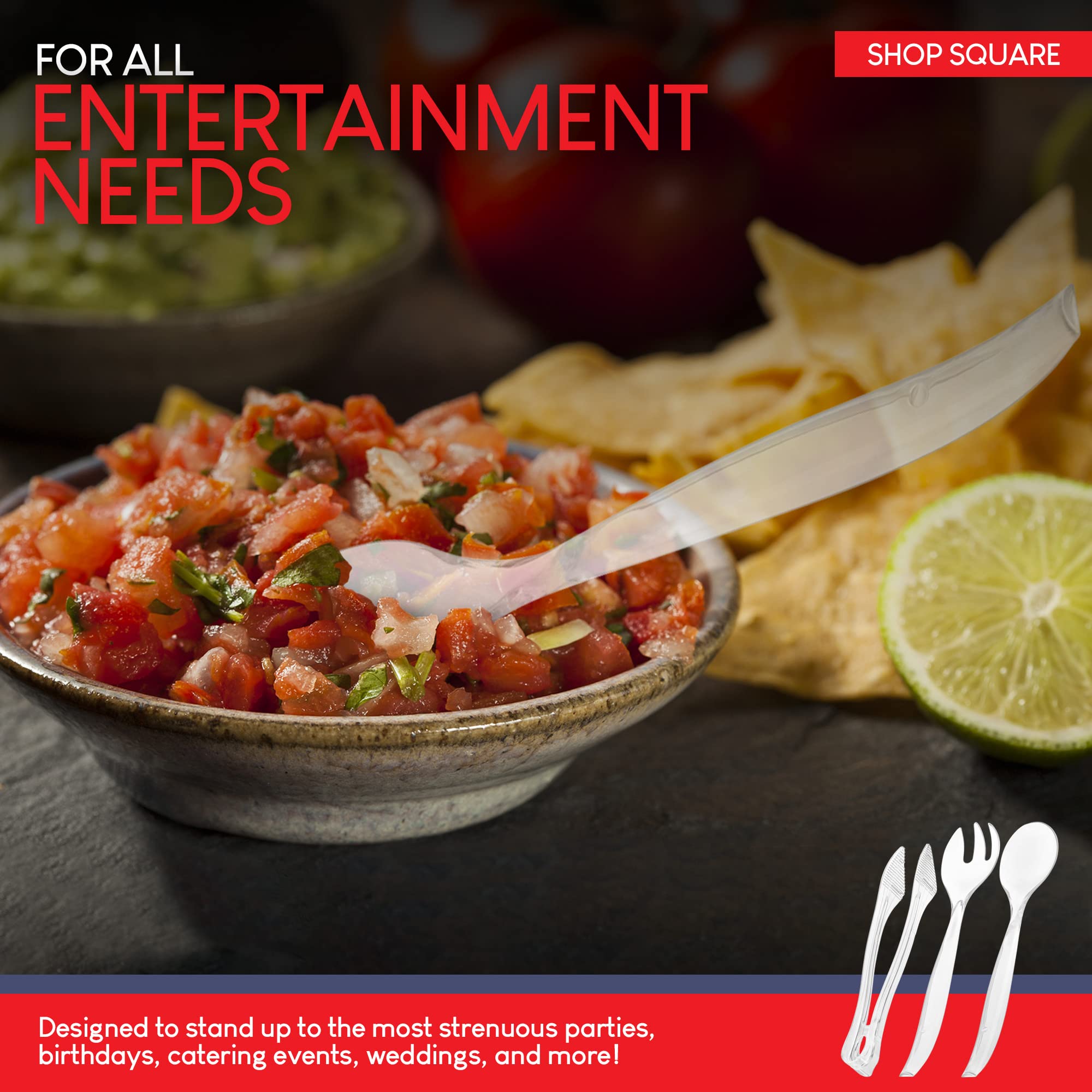 Shop Square clear utensils on a serving tray for stylish party display