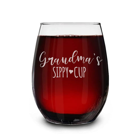 Shop4ever Grandma's Sippy Cup engraved stemless wine glass close-up for a personalized, durable design.