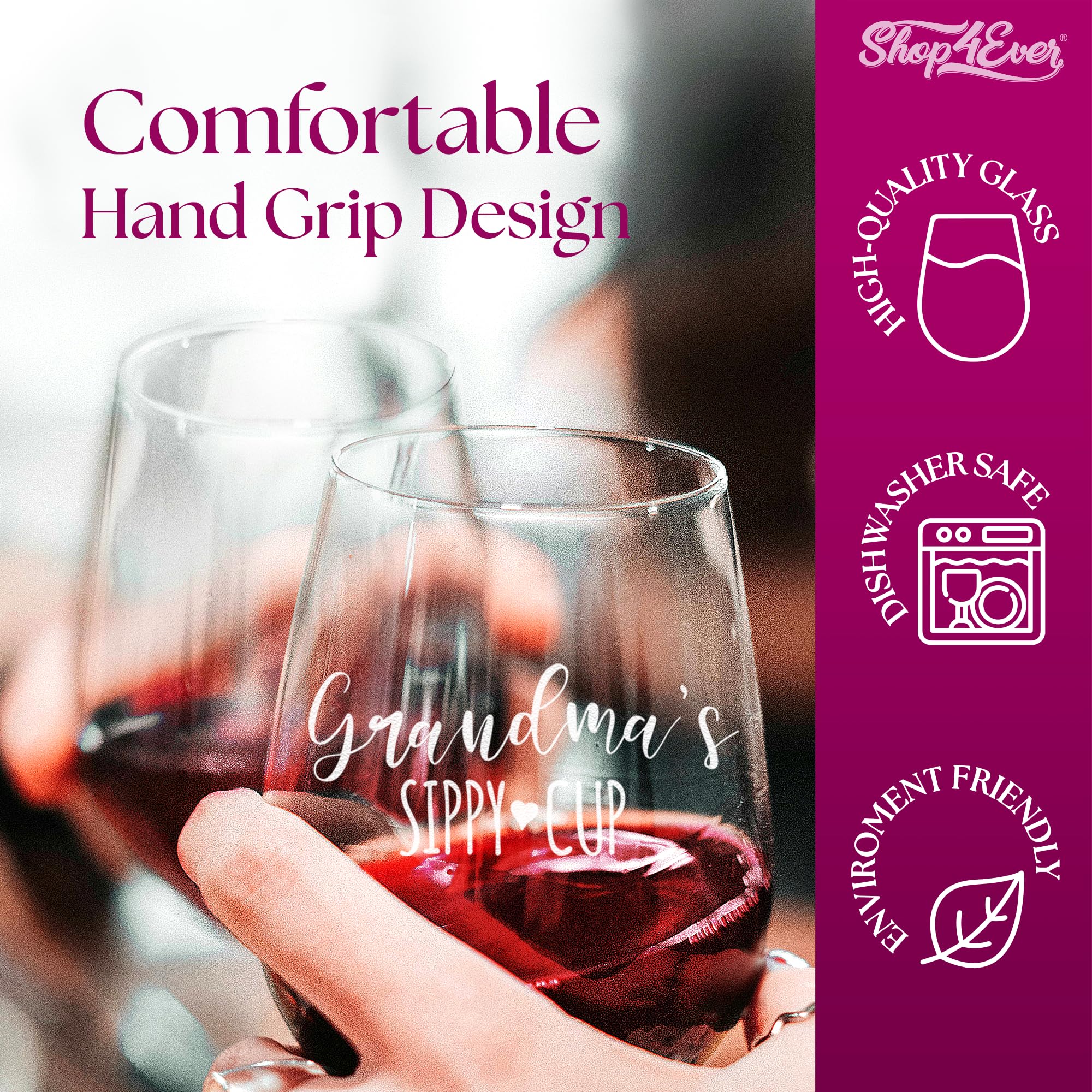 Shop4ever Stemless glass ergonomic rim offers comfortable sipping.