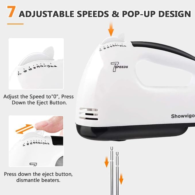Showvigor hand mixer with turbo boost speed for quick, thorough mixing.