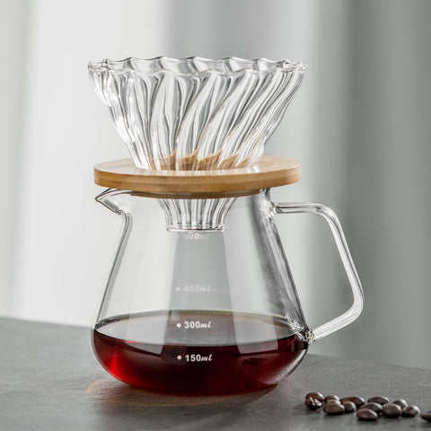 Shoxil glass dripper close-up highlighting borosilicate durability for precise pours.
