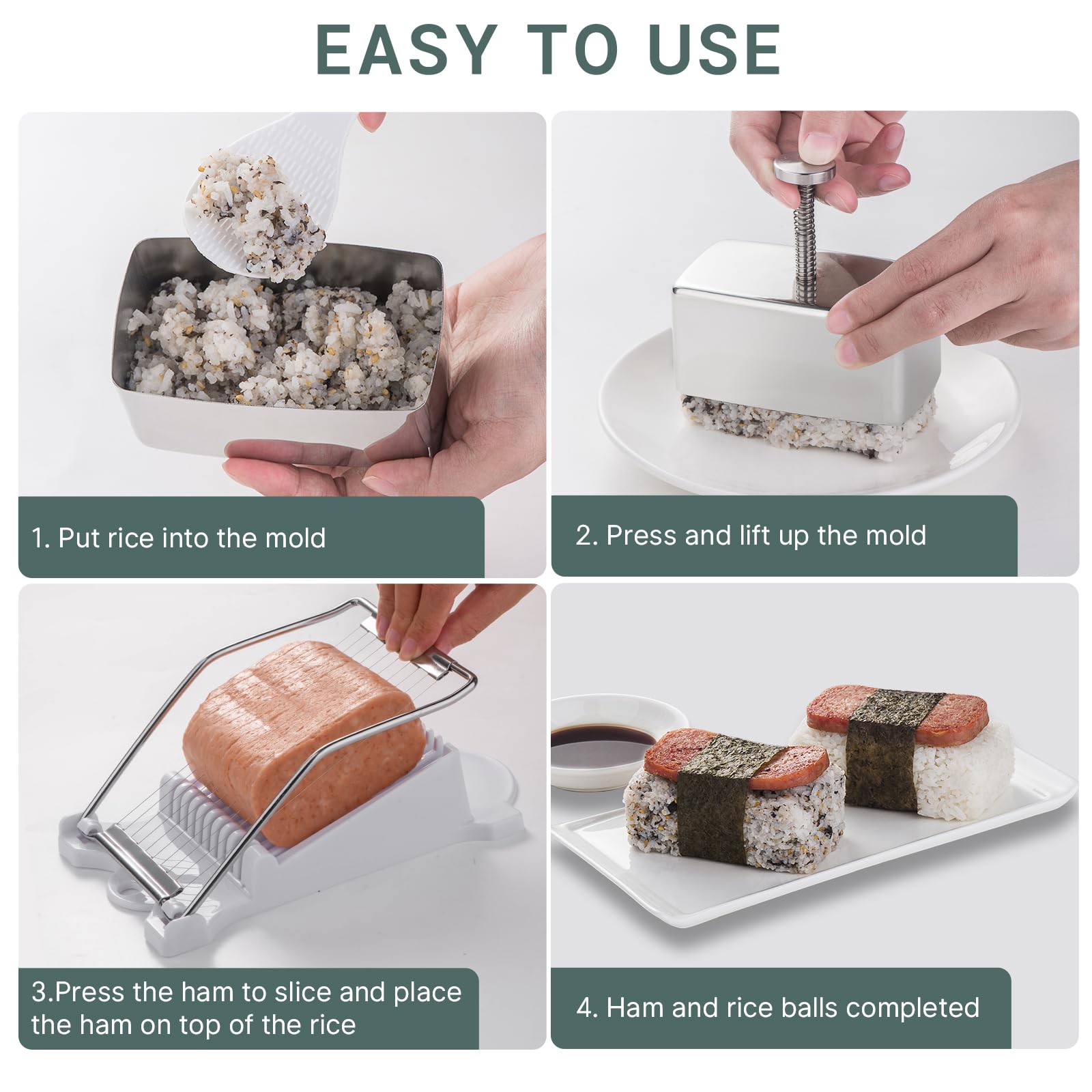 Shoxil Spam Musubi Mold Kit rice paddle helps shape fluffy rice.