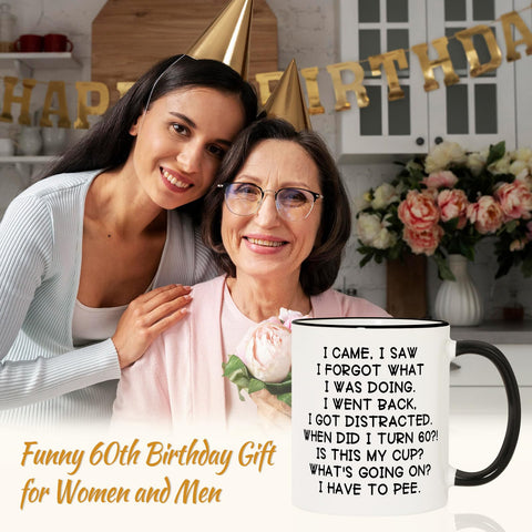 Shqiueos 60th mug ceramic finish with a glossy white body.