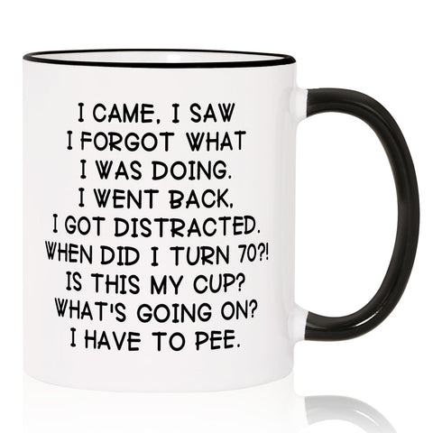 Shqiueos 70th birthday mug with humorous quote for daily coffee