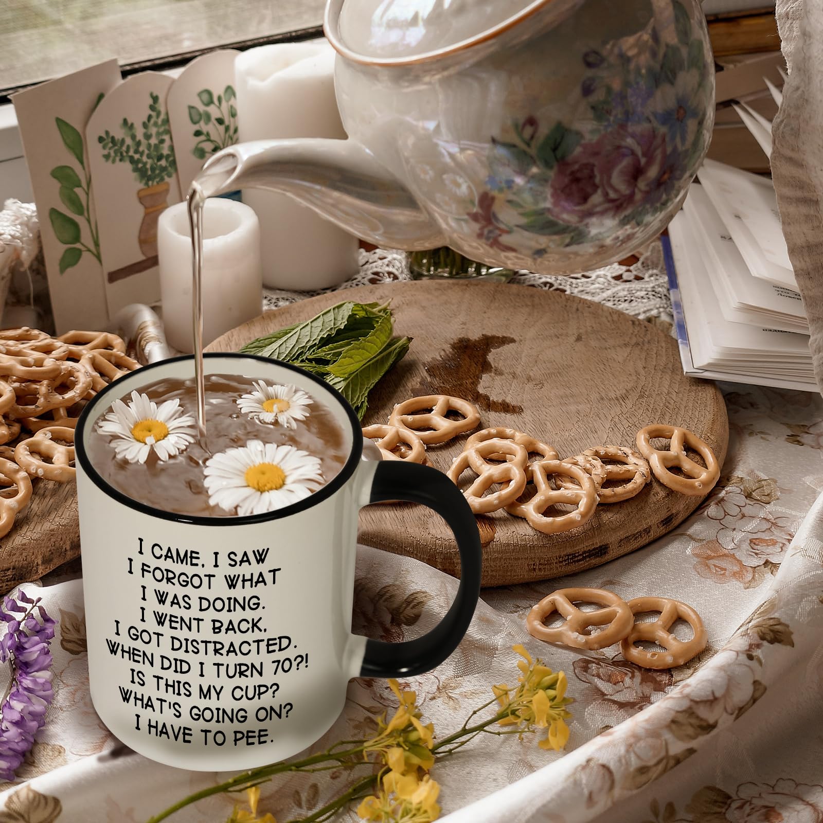 Shqiueos 70th mug showcasing witty aging quote during breakfast
