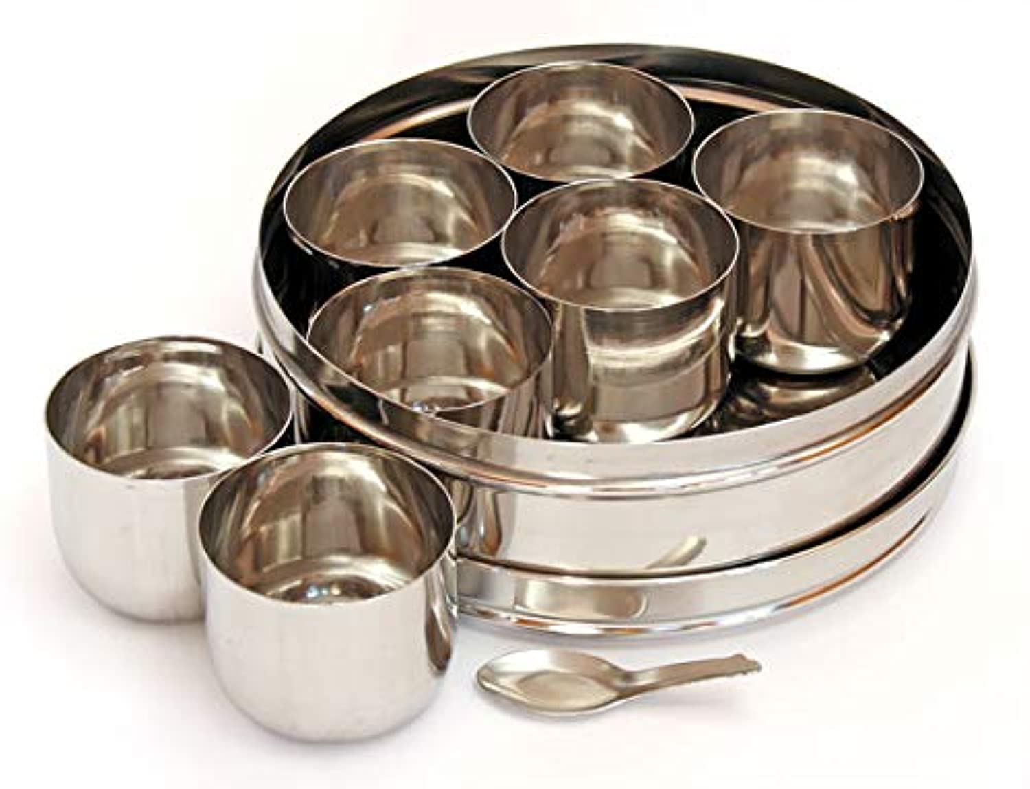 Shradha Trading stainless steel masala box front view showing sturdy build for organized spices.