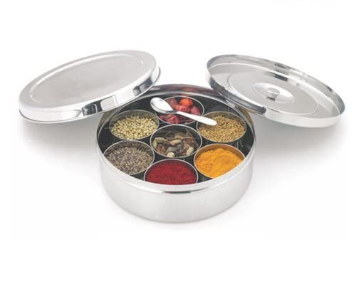 Shradha Trading masala box lid and spoons highlight convenient 7-cup storage.