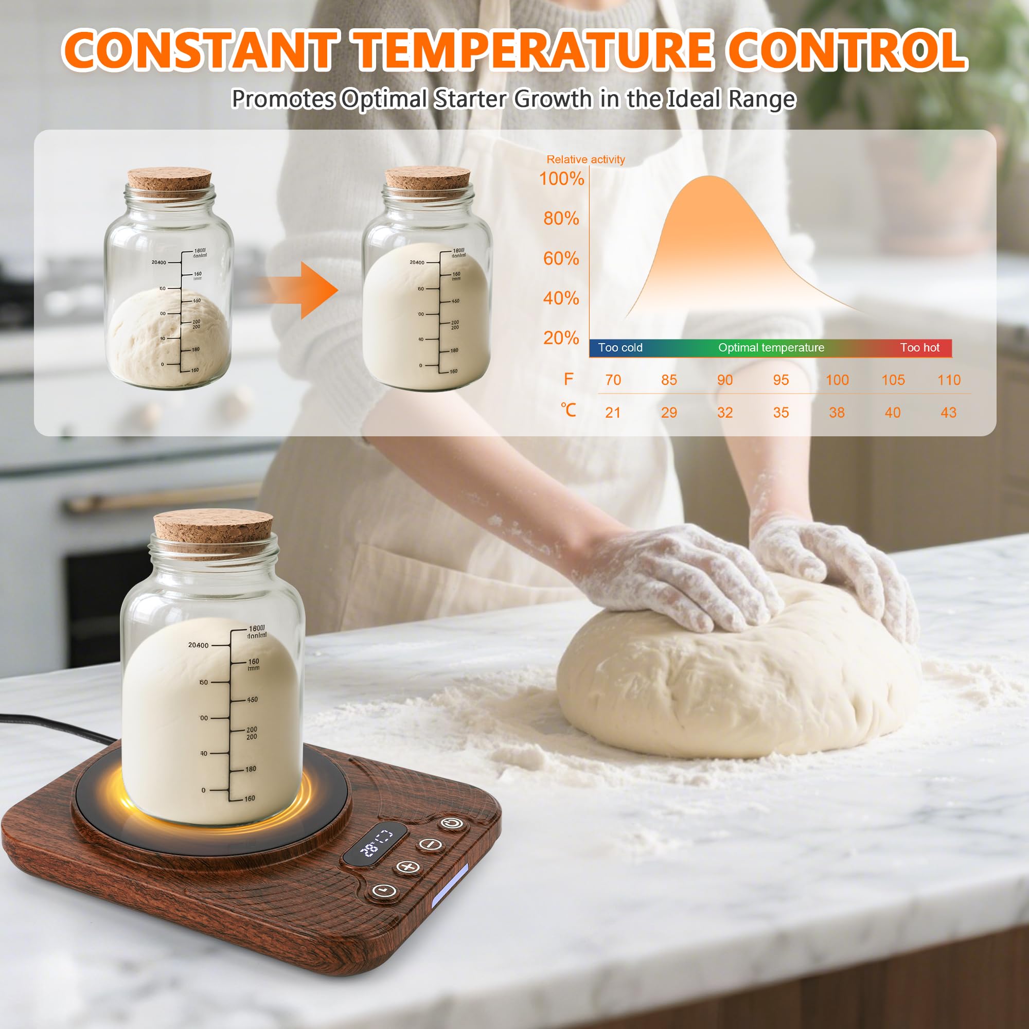 ShtNeeg Sourdough Warmer highlights a 4.5 inch heating zone for large jars.