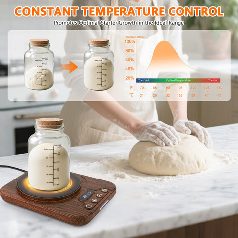 ShtNeeg Sourdough Warmer highlights a 4.5 inch heating zone for large jars.